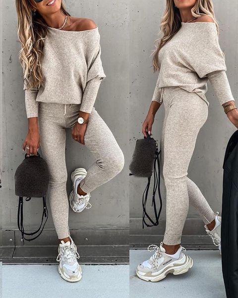 

2021 women fashion elegant casual solid fit one shoulder long pants set long sleeve & high waist drawstring pants set, Gray