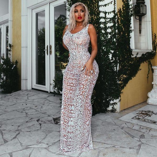 

silver rhinestones pearls mesh see through dress women celebrate birthday dress prom party outfit female singer long dress, Black;red