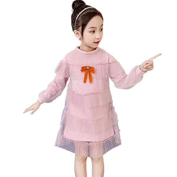 

dress girl bow party mesh cake for children puff sleeve children's costumes s 6 8 10 12 14 210527, Red;yellow