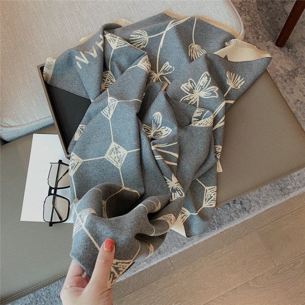 

thickened cashmere blend women's scarf double sided two-color exquisite pattern warm shawl letter designer nice winter women scarves, Blue;gray