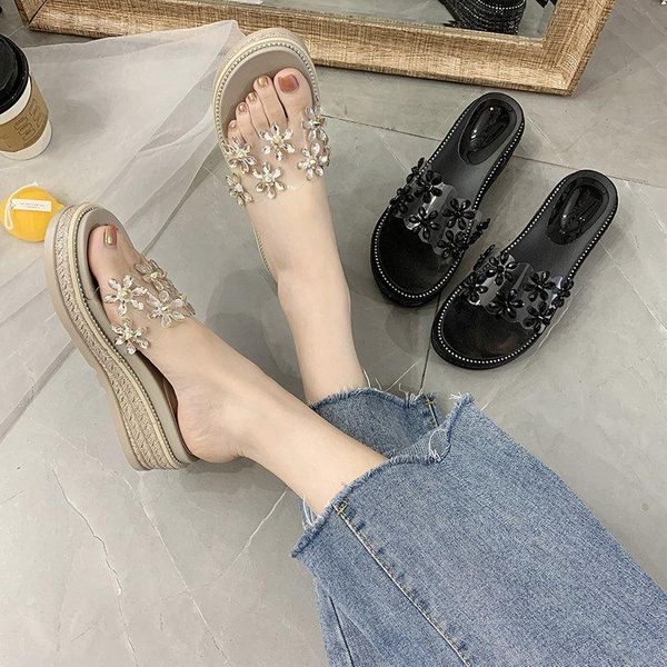

slippers summer 2021 fashion open-toed roman female sandals thick bottom transparent rhinestone and x248, Black
