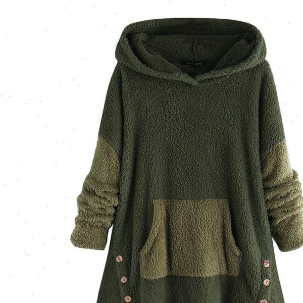 

hoodies for women fleece patchwork plush button hem long sleeves warm winter plus size 5xl sweatshirts yj2, Black