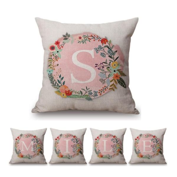 

pink floral wreath single capital letter print sofa decorative cushion case cotton linen valentine day gift pillow cover 45x45cm