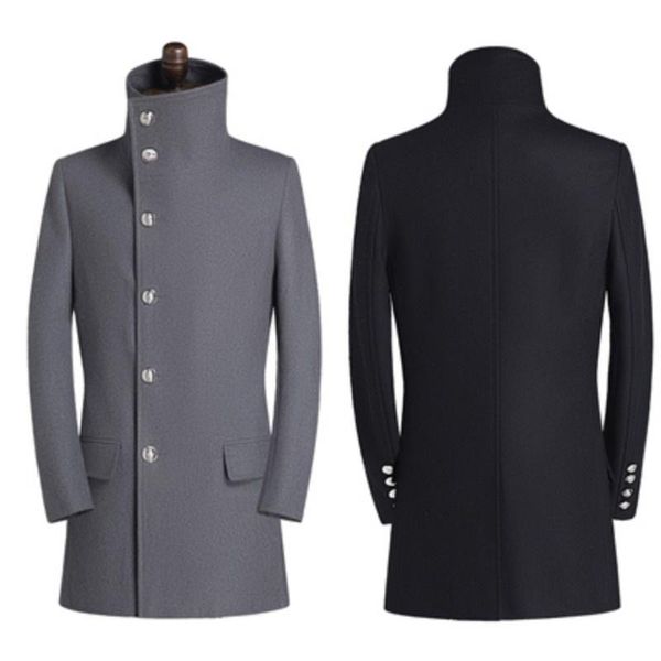 

men's wool & blends turtleneck men woolen coat single-breasted pockets blend cotton windbreaker korean style casual jackets autumn wint, Black