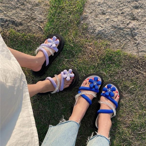 

sandals open-toed casual flower female spring and summer simple fairy style beaded beach flip flops girlfriends shoes, Black