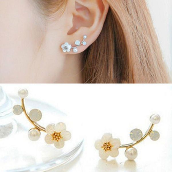 

stud fashion flower fabala branch ear pearl modern simple cute women earrings, Golden;silver