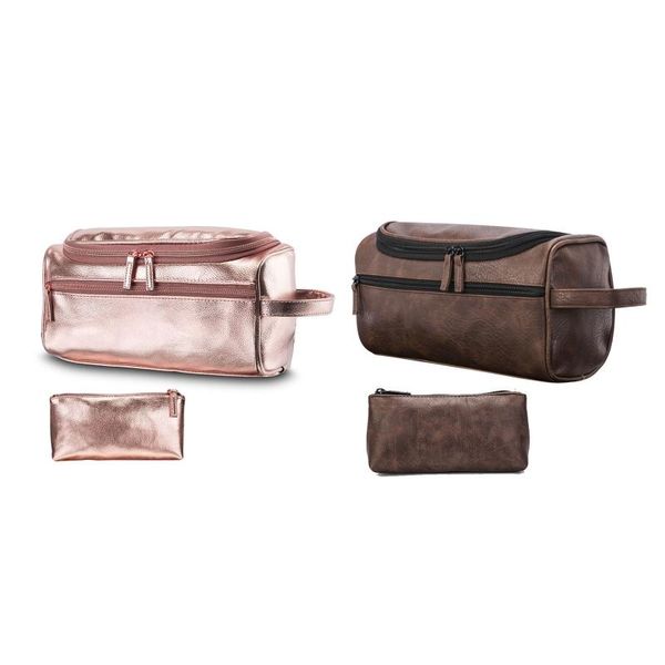 

portable faux leather toiletry bag with hook organizer for men women hanging travel kit and shaving cosmetic bag (brown)