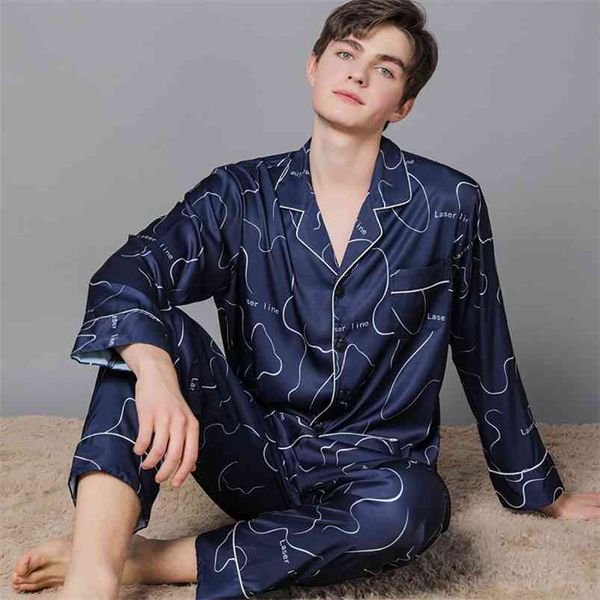 Süper Yumuşak İpek Pijama Adam İlkbahar Yaz Moda Baskı V Boyun Uyku Uzun Pantolon İnce Nefes Rahat Pijama Setleri 210901