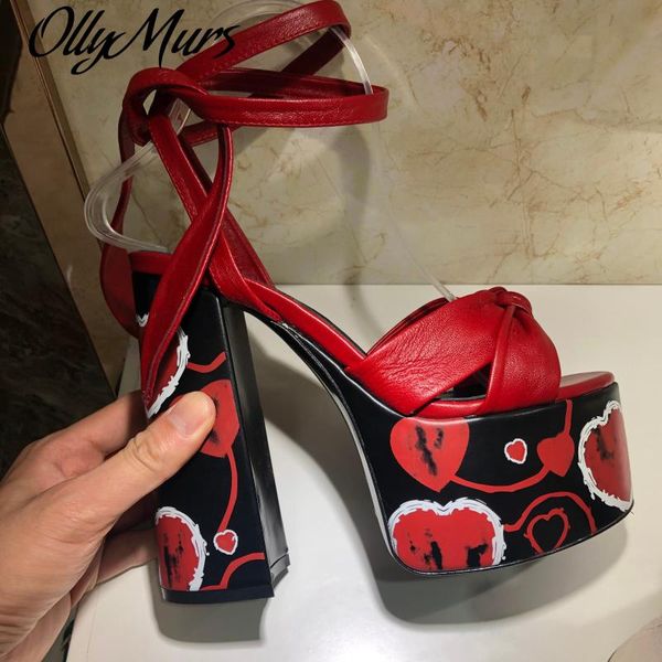 

sandals ollymurs summer genuine leather heart printed platform super high heel vacation shoes women, Black