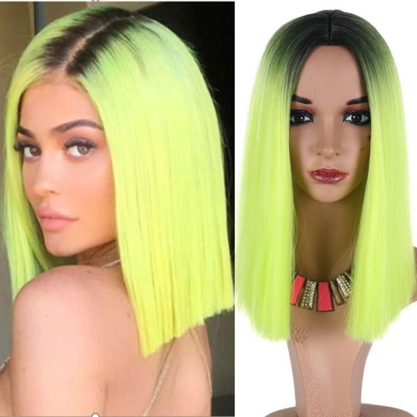 

synthetic wigs vicwig long straight middle part line wig two tone color black and green blonde brown orange false hairpiece