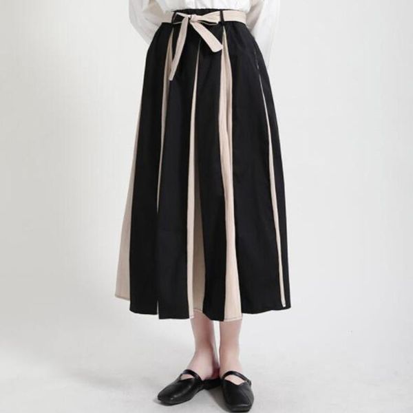 

skirts cultiseed women vintage high waist color patchwork lacing up bow party clothes female holiday casual box pleated skirt, Black