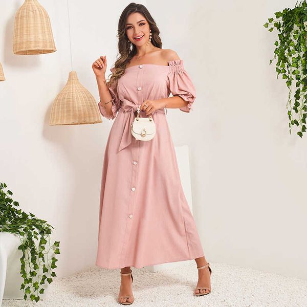 

casual dresses summer fashion women's sweet solid color lantern sleeve round neck one-shoulder self-cultivation long holiday big a, Black;gray