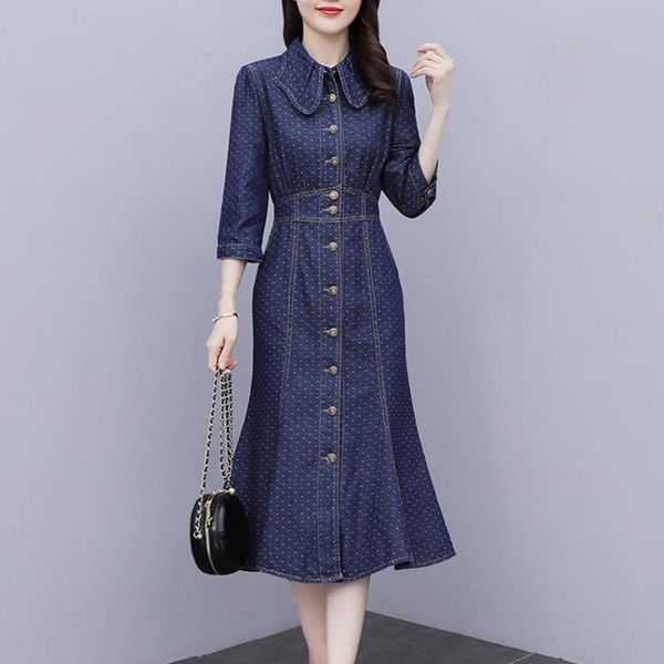 Casual Kleider Koreanische Mode Frauen Vintage Denim Hohe Qualität Rüschen Meerjungfrau Kleid Jeans Damen 3/4 Hülse