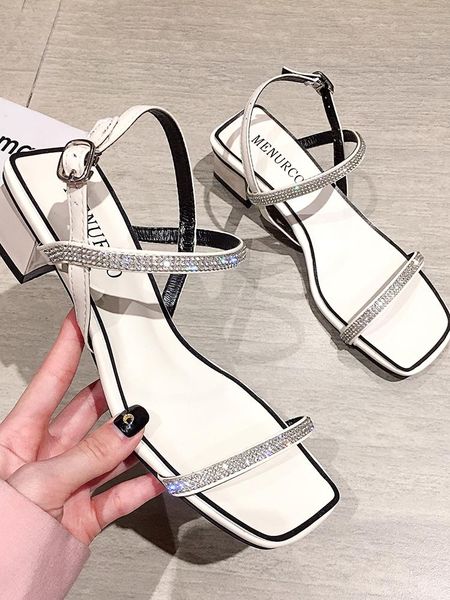 

women's shoes sandals 2021 new summer fashion thick heel rhinestone shiny thin strap high heels, Black