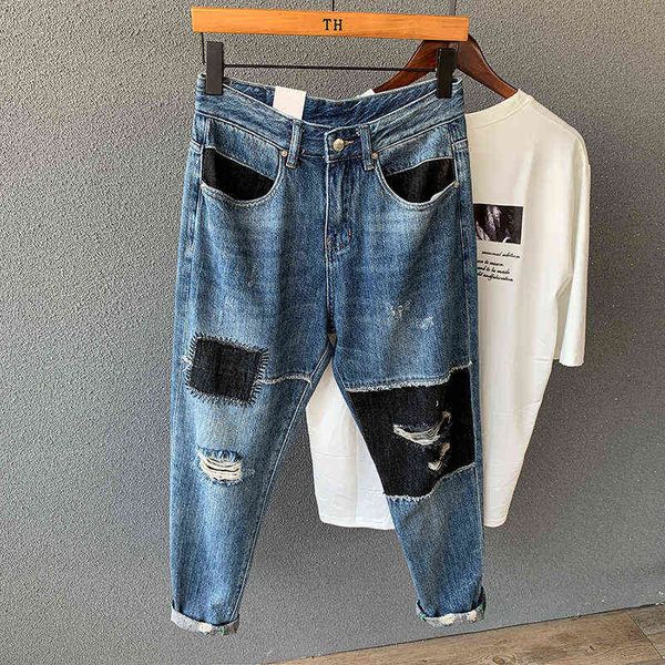 

broken tiktok hole splicing tide nine points haren korean fashion jeans jean shake hands fast kwai net red the same paragraph, Blue
