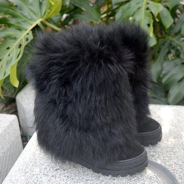 

boots real pos bushy wool fur snow woman height increased hidden wedge heel rubber thick sole slip on winter, Black