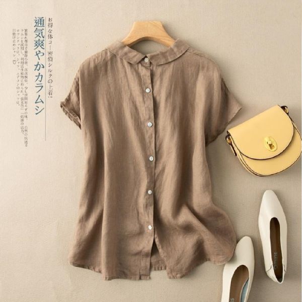 

2021 new women summer short sleeve female japan style lapel shirt cotton linen literary retro blouse vtka, White
