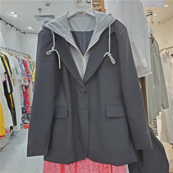 

women's suits & blazers seebeautiful stitching fake two pieces loose coat hooded long sleeve pockets button women autumn 2021 fashion g, White;black