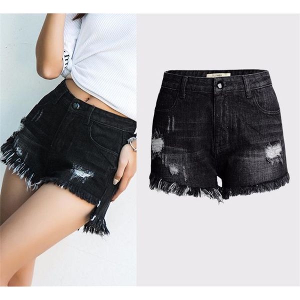 

women's shorts womens cotton black denim star high waist jeans s/3xl female ripped tassel large size cowboy j2706 nwla, White;black