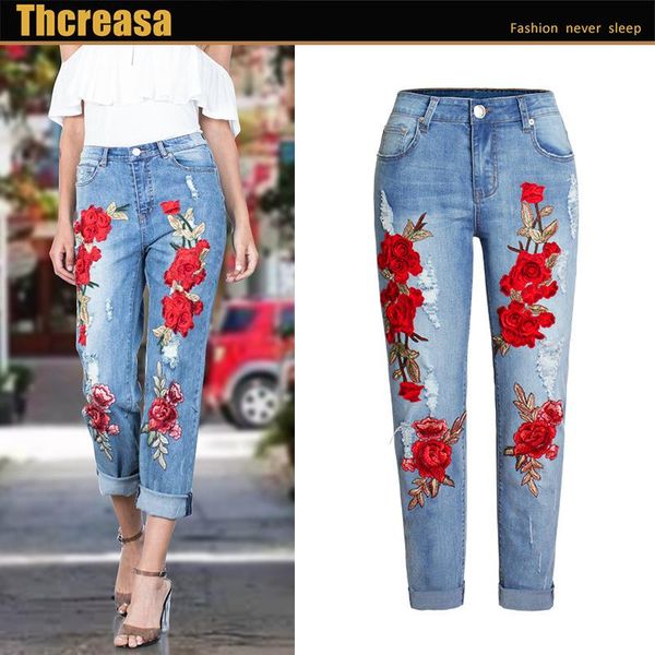 

men's jeans 2021 women's spring and autumn elastic loose color flower three-dimensional embroidered ripped denim trousers for wome, Blue