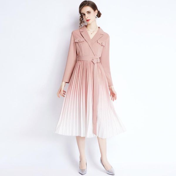 

casual dresses womens autumn winter suit skirt commuter temperament hedging strap pocket pleated a-line gradient color long-sleeved midi dre, Black;gray