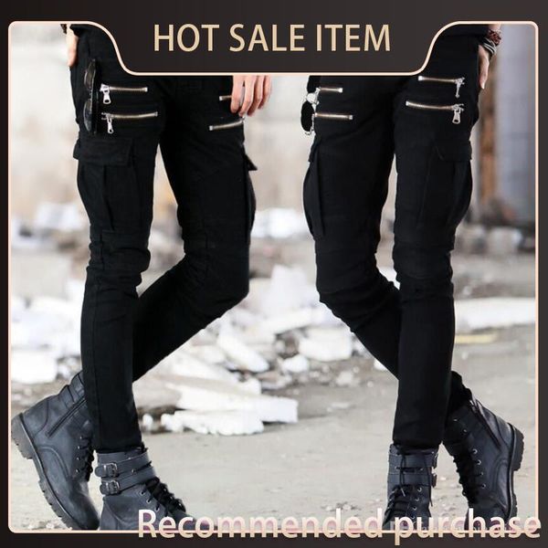 

hi-q high hop fit pleated stretch motorcycle zipper fashion quality jeans slim summer hip styles mens clothing designer leather ca cmjf, Black