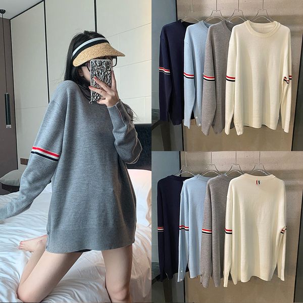 

correct tb new tricolor ribbon t-neck sweater men's and women's solid color versatile fashion cardigan coat, White