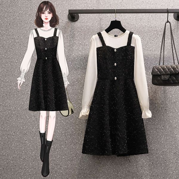 

new large women's fat mm2021 spring french stitching, fake two-piece dress, age reducing, thin and small black skirt, Black;gray