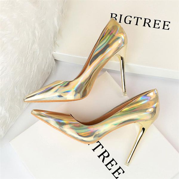 

dress shoes 2021 women designer reflective high heels pumps stripper gold silver stilettos wedding holographic big size 43, Black