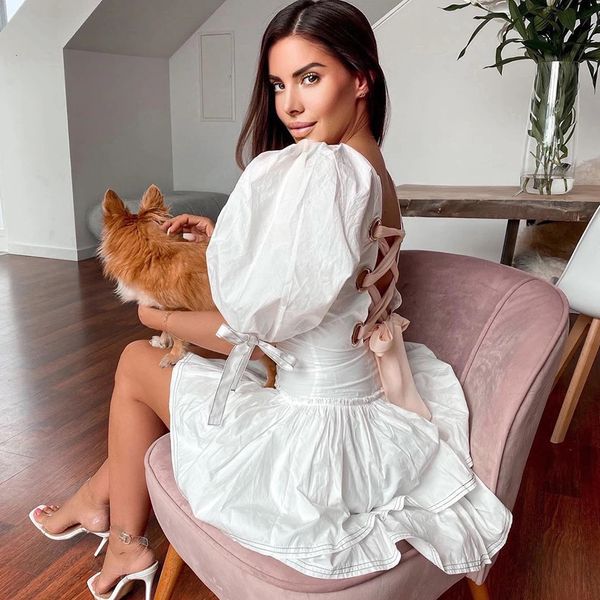 

new summer women elegant white short sleeve club lace up celebrity evening runway party lady casual 2021 ixyi, Black;gray