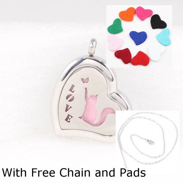 

pendant necklaces love cat diffuser locket heart shaped 316 stainless steel essential oil necklace perfume lockets, Silver