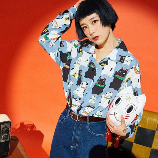 

women's blouses & shirts japanese style shirt cartoon printed loose casual long sleeved breathable lapel, White
