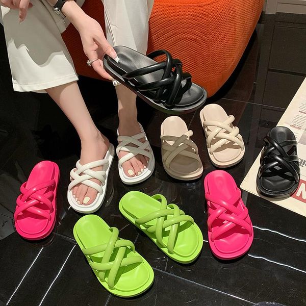 

slippers candy colors soft women luxury shoes slides pantofle beige heeled sandals platform shale female beach comfort designer, Black