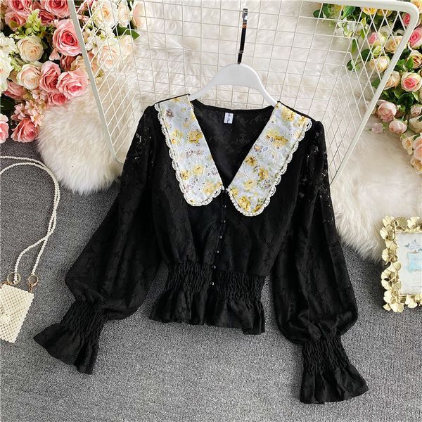 

2021 sweet hollow out embroidered shirt women casual flare long sleeve turn-down collar single breasted blouse female fashion s7me, Blue
