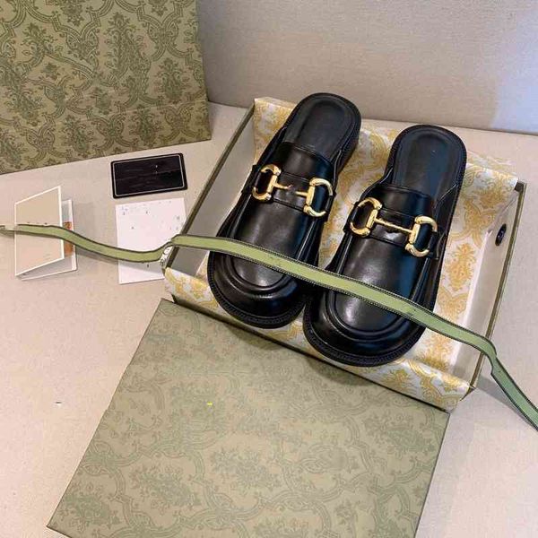 

baotou half slippers for women's wear 2021 new muller metal buckle round head thick sole breathable lefu shoes, Black