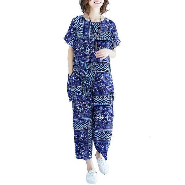 

2021 new summer retro fashion printing large size women's loose short-sleeved shirt + wide leg pants cotton and linen two-piece, Gray