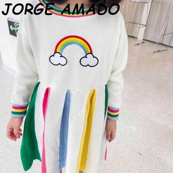

autumn girls sweater dress rainbow knitted cotton wool long sleeve kids dresses for toddler fall clothes yy002 210610, Red;yellow