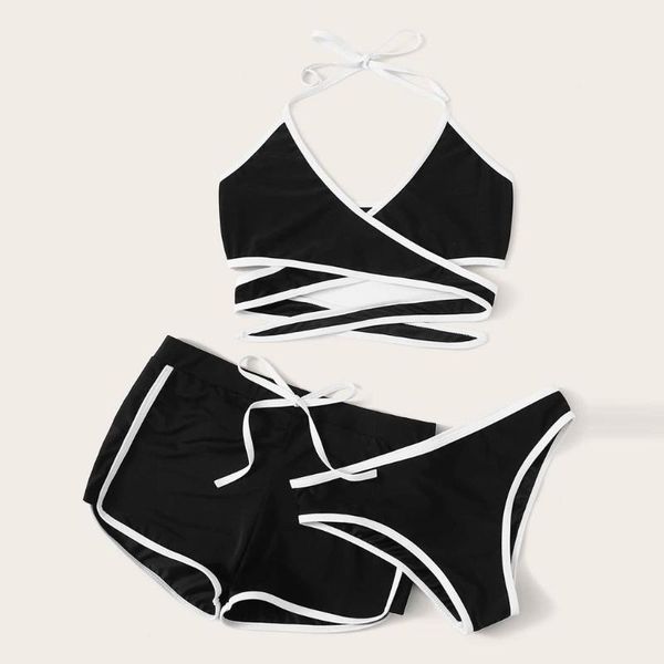 

women's swimwear three-piece set beach swimming summer fashion with short pants beachwear cross bandage bathing suit bikini 2021, White;black
