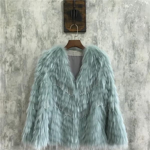 

women's fur & faux 2021 autumn women real jacket v neck knitted raccoon coats female winter natural outwear luxury clothing, Black