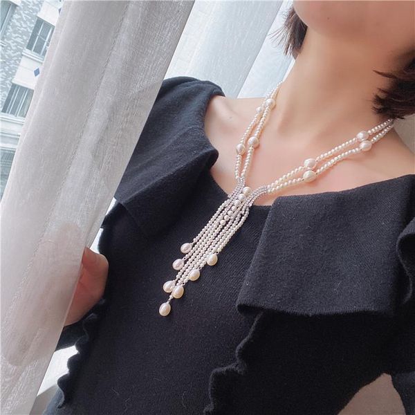

chains hand knotted sweater chain white freshwater pearl micro inlay zircon accessories necklace long 50-53cm fashion jewelry, Silver