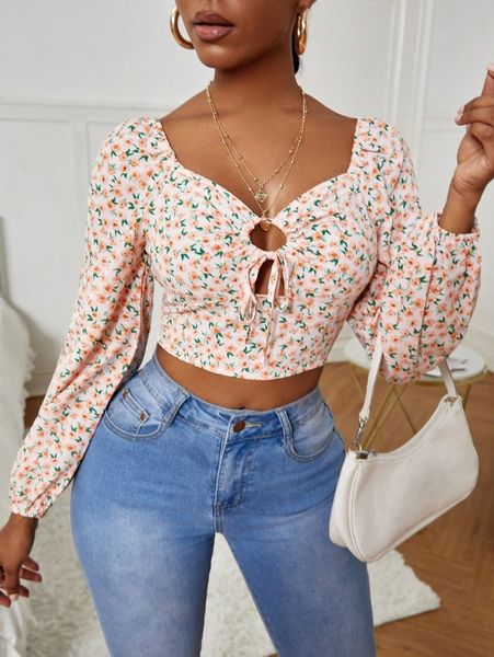 

ditsy floral print sweetheart neck drawstring crop blouse y2we#, White