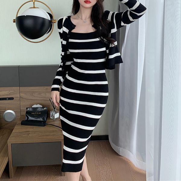 

casual dresses conjunto de duas peas malha com alas vestido longo, elegante, clssico, vintage, midi, + casaco exterior quente hzdw, Black;gray