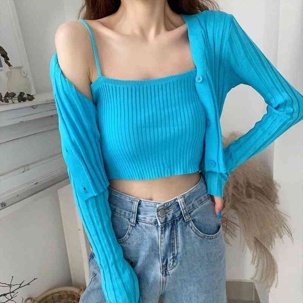 

two pieces knitted clothing women sweaters cardigans lady soft simple sweater shirts crop femme autumn clothing, White;black
