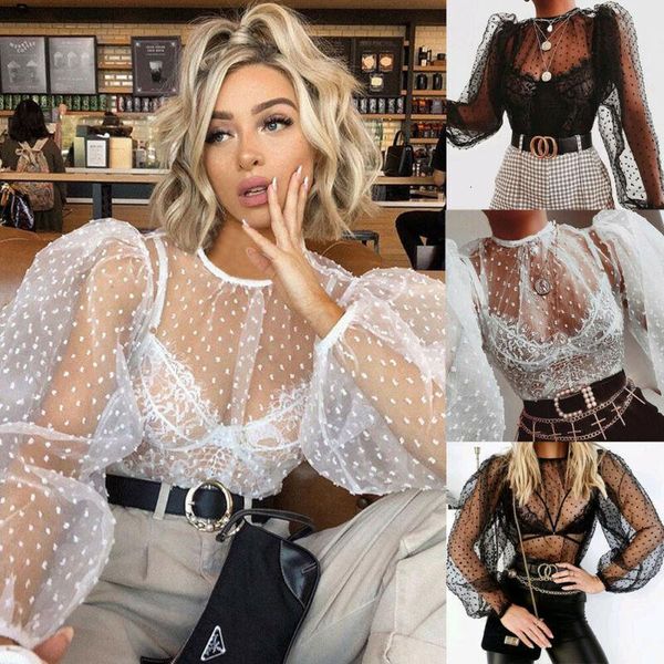 

women mesh sheer see-through polka dot t shirt long sleeve o neck t-shirts perspective new, White