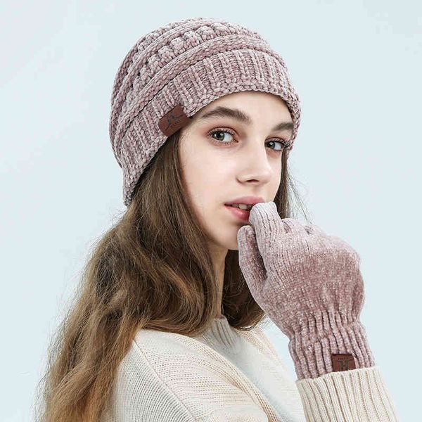 Beaine chapéu luva conjunto mulheres chenille kitted inverno conjunto chapéus cor-de-rosa sólidos para meninas engrossar beanies tampões