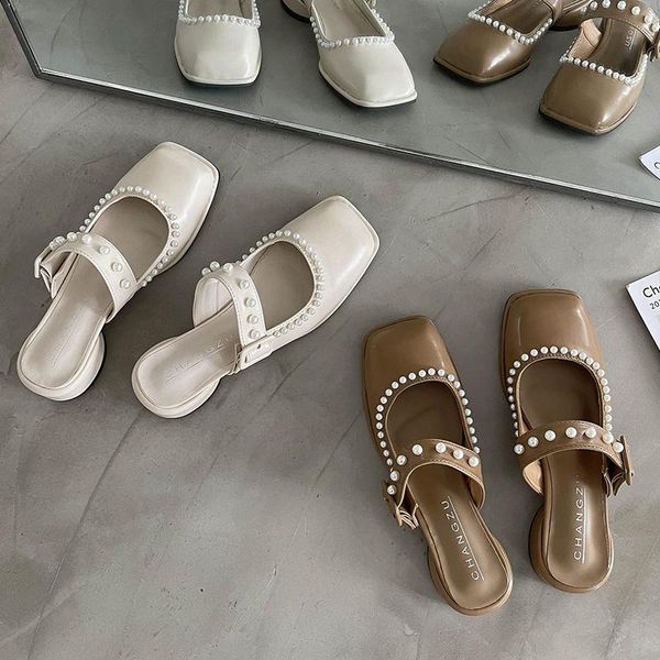 

slippers square toe block heel shoes ladies' string bead luxury slides low slipers women designer 2021 pu rome rubber fashion, Black