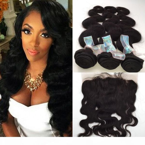 

indian body wave lace frontal closure with bundles unprocessed virgin human hair weave with 13x4'' full lace frontal, Black