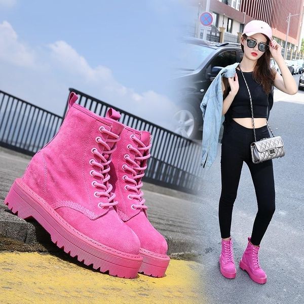 

boots mid rise in autumn 2021 women's pink lace up versatile frosted thick soled british, Black