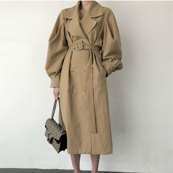 

women's trench coats 2021 winter long coat women turn-down collar stylish double breasted sashes oversized female windbreaker, Tan;black