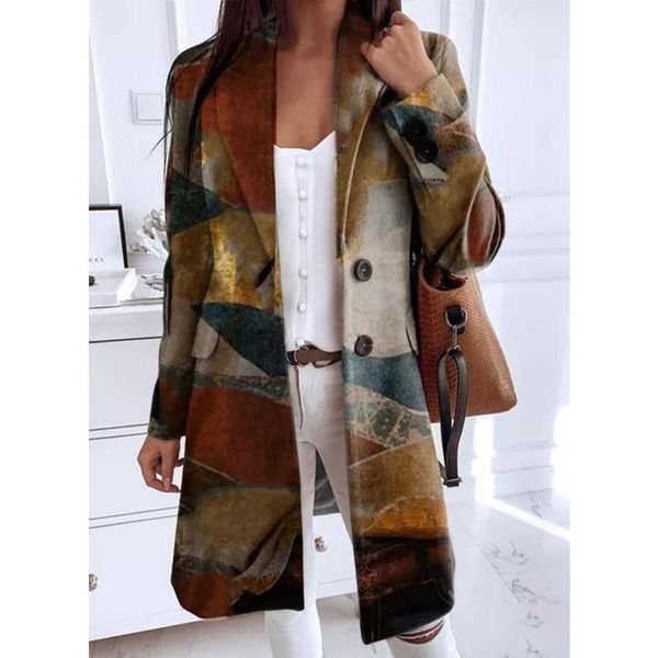 

women's wool & blends 2021 autumn winter casual woolen coat retro printing loose mid-length single-breasted elegant office sympathy jac, Black